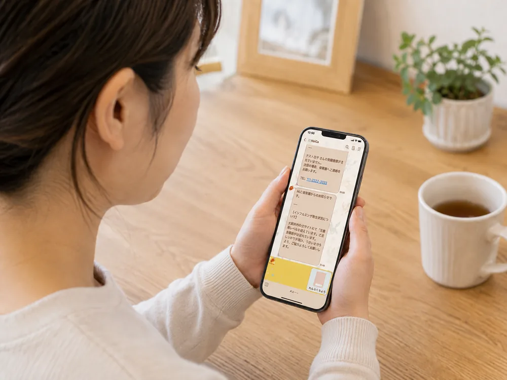 保護者がスマートフォンで園からの連絡を受け取っている様子