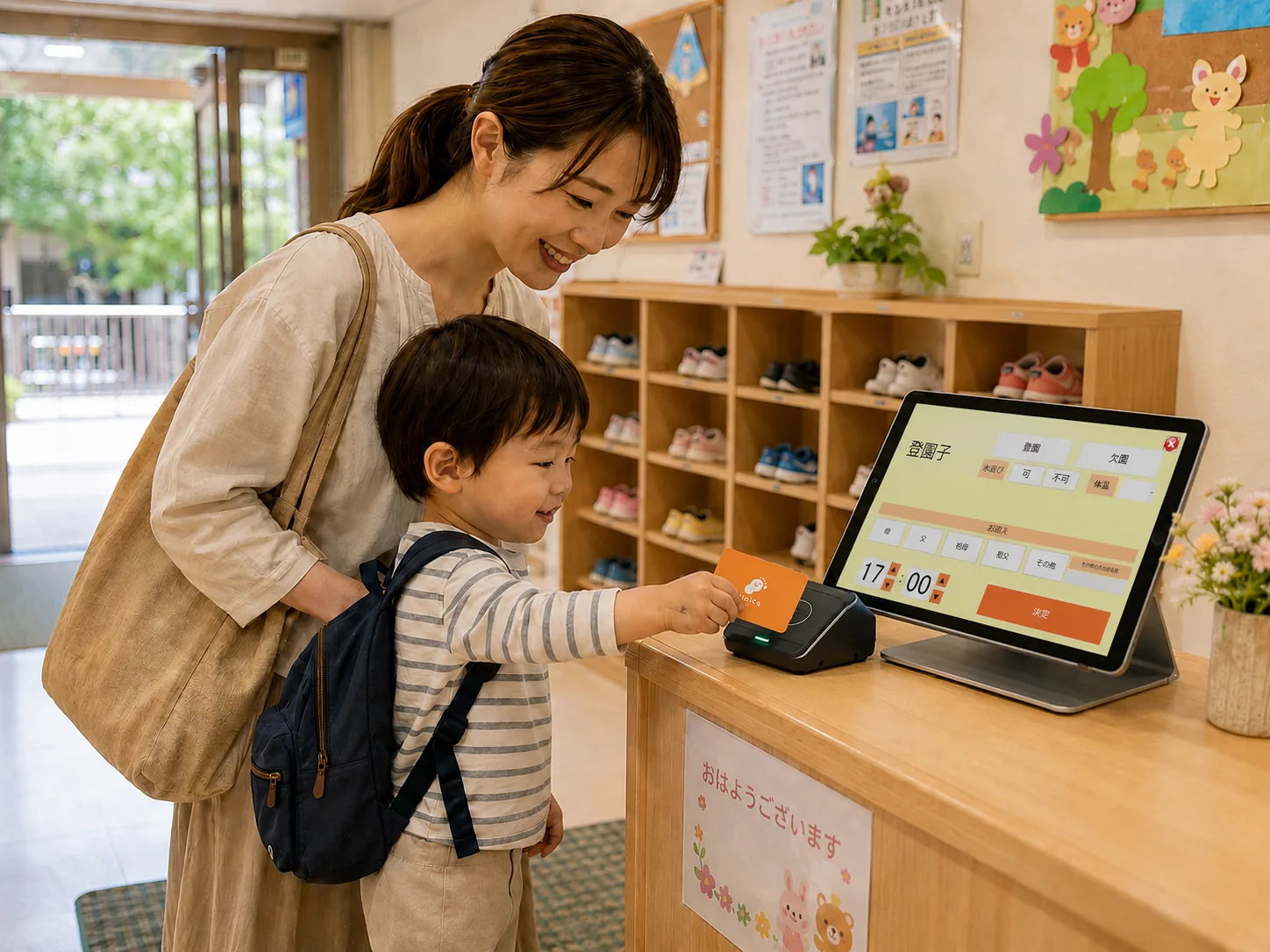 保育園の玄関で、子どもがタブレットに登園を記録する様子